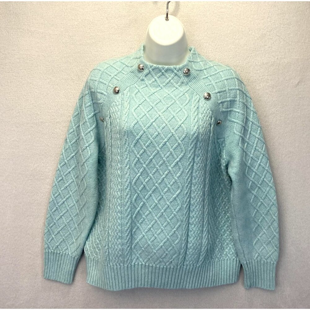 Talbots Cable Knit Sweater Womens Petite Large PL Aqua Blue Buttons Old Money